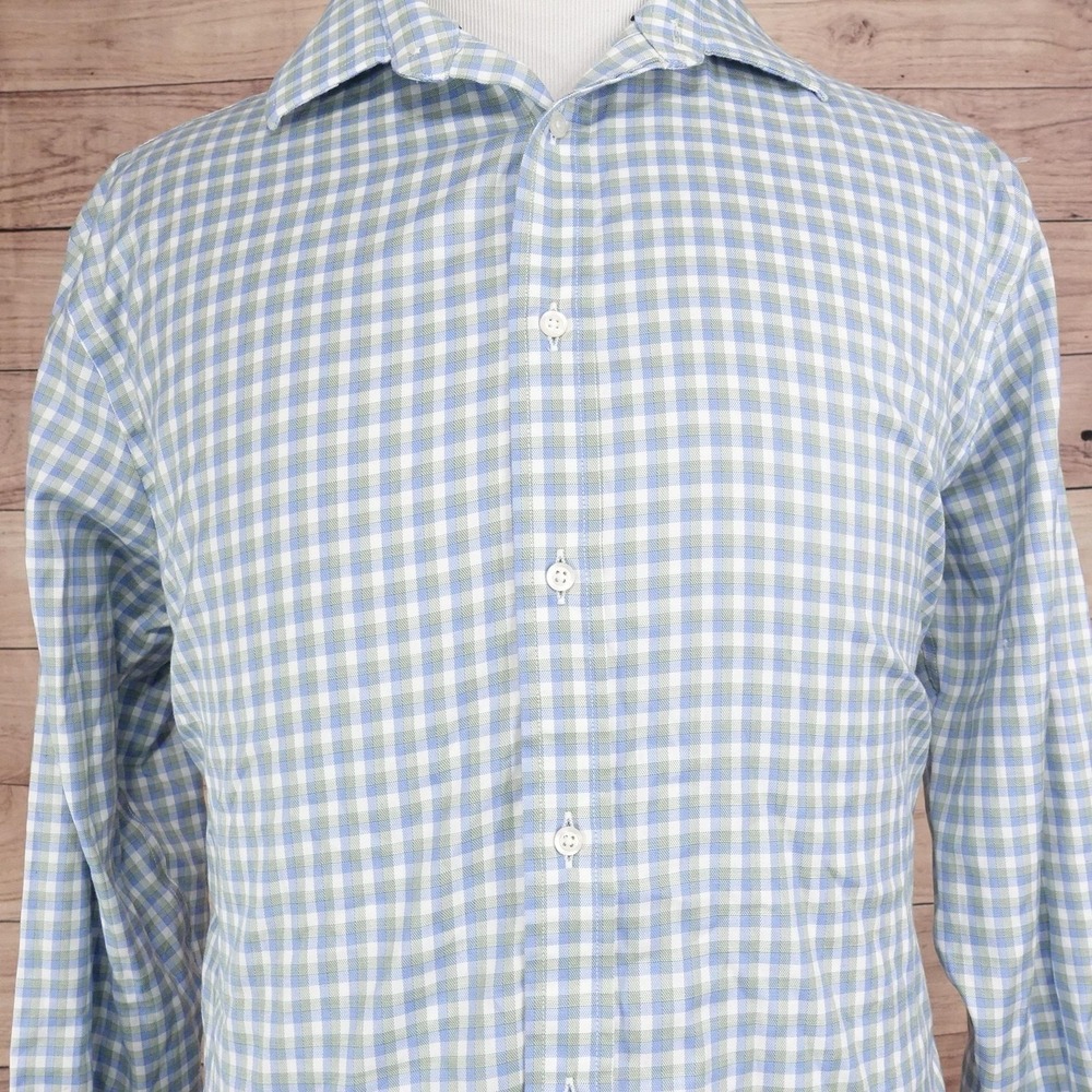 Jos. A. Bank Dress Shirt Mens 17 35 Blue Gingham Slim Fit Stretch Non-Iron